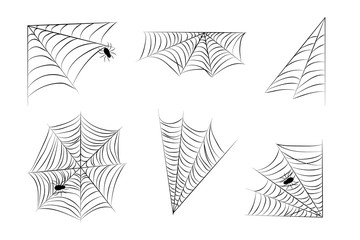 Set Web spider cobweb and spiders icon. Six Vector drawing for Halloween.