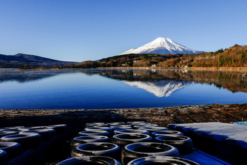 Mt Fuji in the morning with reflection on the lake kawaguchiko, autumn seasons fuji mountain at...
