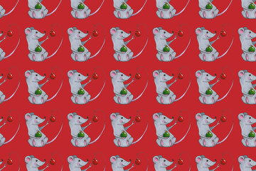 Seamless pattern with funny Christmas mice. Hand drawn illustration with alcohol-based markers.