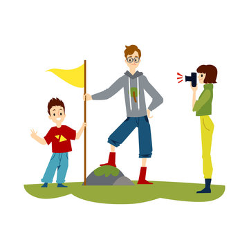 Cartoon family hiking - man in proud pose putting a flag on rock