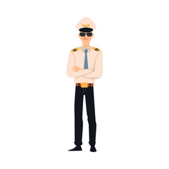 Pilot or aviator in aircraft company uniform flat vector illustration isolated.