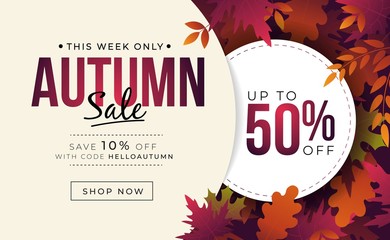 Big sale banner with colorful autumn leaves vector illustration. Landing page template with fall foliage and profitable discount flat style design. Up to fifty percent off with code helloautumn