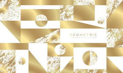 Abstract background with white and gold geometric figures. Elegant design with marble textures and golden color.