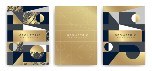 Templates with elegant geometric design. Marble effect texture, golden lines and geometric shapes. Vector pattern design.