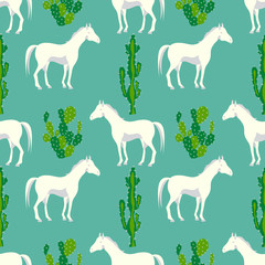 Seamless pattern with cute horse and cactus plant in desert