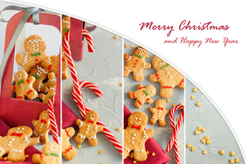 Christmas set collage with gingerbread cookies, candy and yellow star on light blue background with copy space for text.Merry Christmas and Happy New Year greeting card.Design layout or template