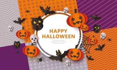 Happy Halloween - spooky banner with black animals and orange pumpkins