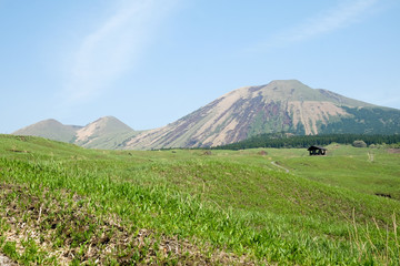 Fototapeta premium Landscape at Mount Aso (Aso-san), the largest active volcano in Japan stands in Aso Kuju National Park
