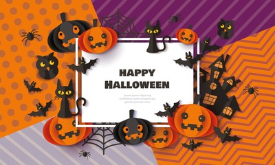 Happy Halloween banner with black cats, bats and pumpkins paper cut vector illustration.