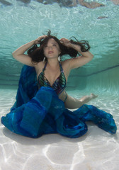 A dark haired women model in various outfits underwater.