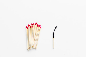 Symbol of danger with matches on white background top view