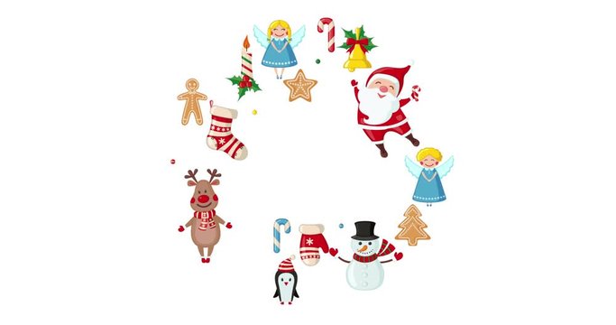 Cartoon cute New Year and Christmas card with Santa Claus, Reindeer, Snowman and Christmas elements. Animation video in flat style with Alpha channel. Greeting e-card with text.