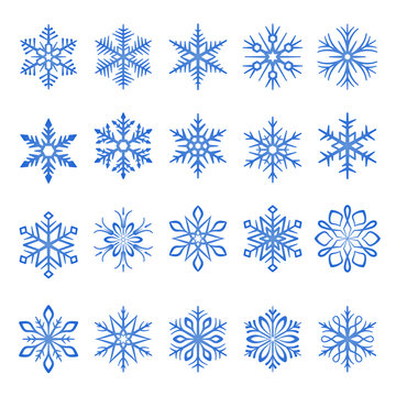 snowflake blue line icons on white background