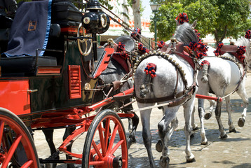 horses and carriages at the Feria de Abril in Sevilla, spain - obrazy, fototapety, plakaty