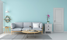 Gray sofa and pillow in blue living room, 3D rendering