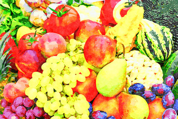 Obraz na płótnie Canvas Digital art painting canvas - various organic products exposition of fresh vegetables and fruits (watercolor effect)