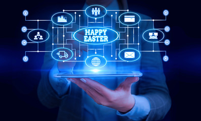 Naklejka premium Conceptual hand writing showing Happy Easter. Concept meaning Christian feast commemorating the resurrection of Jesus Woman wear work suit presenting presentation smart device