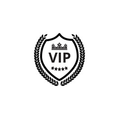 Vip shield label with crown and wreath monochrome vector illustration isolated.