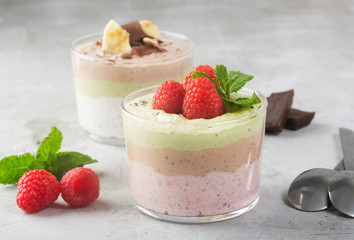 Chia seed pudding with three flavors, cocoa, matcha and strawberry with yoghurt, chocolate and mint leaves, horizontal orientation