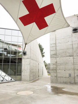 Genova , SWISS / Switzerland - 06 02 2019 : red cross flag in uno swiss united nations