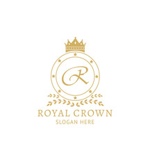 Royal crown logo template - golden badge with crown symbol and monogram letter