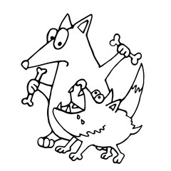 Sly fun fox teasing dog bone. Coloring book vector illustration