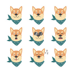 Fototapeta premium Shiba inu cute cool dog with various emotions flat vector illustration isolated.