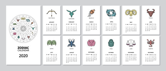 2020 monthly Zodiac calendar with star sign page for every month