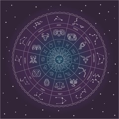 Zodiac circle with star sign drawings and constellations around the Sun