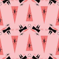 Mid century modern seamless pattern inspired from 1950's poster art. Pink background with coral and black. For textiles, graphic design, fashion, paper items, gift wrapping and home decor accents.