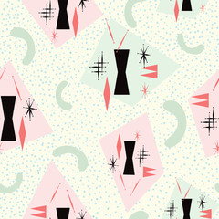 Mid century modern seamless pattern inspired from 1950's atomic poster art. Pale yellow background with pink, green, coral and black. For textiles, graphic design, fashion, paper items, gift wrapping. - obrazy, fototapety, plakaty