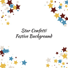 Festive color star confetti background. Abstract square confetti texture for holiday, postcard, poster, website, carnivals, birthday and children's parties. Cover confetti mock-up. Wedding star layout