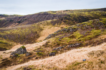 Scenic volcanic landscape with geological formations in Island 