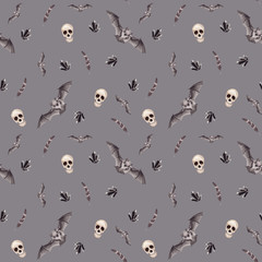 Hand drawn Watercolor Halloween Seamless pattern with human Skull, bat and feather on gray background.