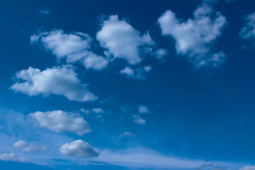 Naklejka na ściany i meble White clouds in the blue sky. Beautiful sky background. Freedom, nature, landscape concept.