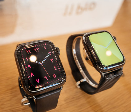 Paris, France - Sep 20, 2019: Arabic fatch face on new wearable Apple Watch Series 5 presentation sale in Apple Store with watchOS 6 and new OLED display, which can stay always on