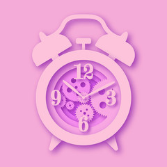 Old alarm clock. Paper style, in layers. The numbers. Arrows, mechanism of action, and gears. Pale pink color with shadows.