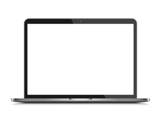 Realistic notebook with blank screen. Isolated, on white background, with reflection. The display is opened 90 degrees. Front view. Modern mobile device.