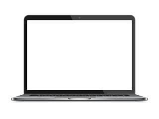Realistic notebook with blank screen. Isolated, on white background, with reflection. The display is opened 90 degrees. Front view. Modern mobile device. Raised. You can see the keyboard and touchpad.