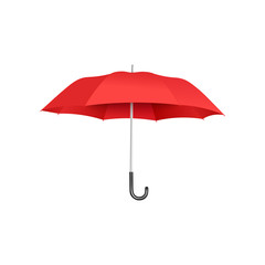 Classic open red umbrella floating isolated on white background