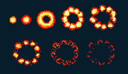 Pixel art explosion. Game icons set. Comic boom flame effects for emotion.