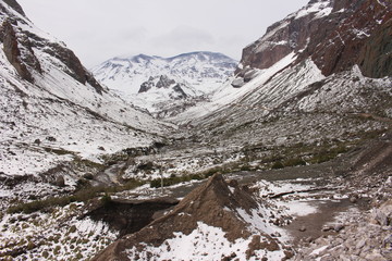 snowed mountain in Cajon del maipo, Chili. views of chilean andes mountains on winter