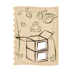 Sheet of paper with a hand draw of a cardboard boxes and leaves - Vector