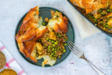 Lamb samosa pie - popular Indian dish with a savoury filling - overhead view