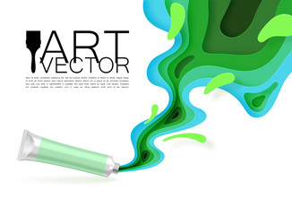 Ink is squeezed from a realistic tube of paint, paper style, cut out. Colored splashes and drops. Fashionable background for art theme promotion. Green