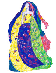 Fashion girl. Hand-drawn illustration in Gustav Klimt style, for greeting card design, print, invitation.