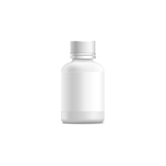 Small plastic medicine bottle mockup with screw lid and blank packaging label