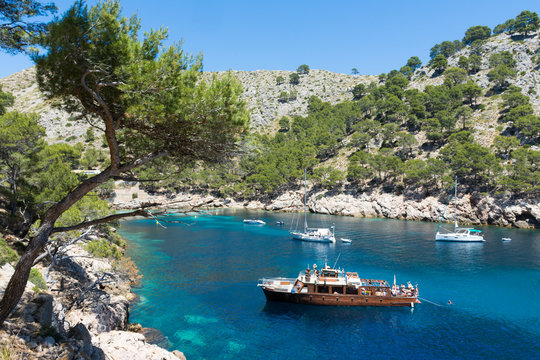 island of Mallorca. Pleasure ship and yachts in the Bay of Cala Murta	