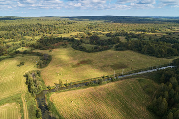 Naklejka premium Agricultural field with bales of straw. Aerial photography from the drone