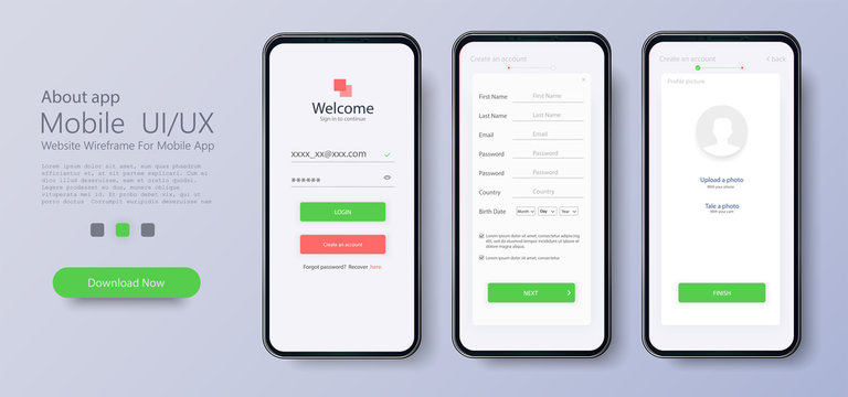 Web template and elements for registration on the website or mobile application. Account registration. Create new account. Signup screen. Notification screens. Registration